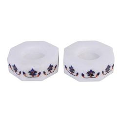 Floral Alliance in Blue,'Octagon Marble Tealight Holders with Blue Buds (Pair)'