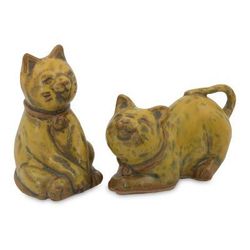 Ceramic statuettes, 'Yellow Feline Sisters' (pair)