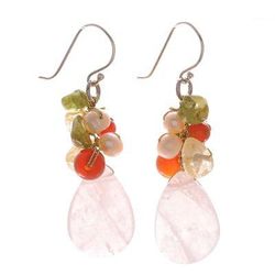 Rose quartz and peridot cluster earrings, 'Tropical Garden'