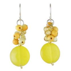 Fun Circles in Yellow,'Quartz and Glass Bead Dangle Earrings from Thailand'
