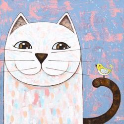 Happy Friends,'Acrylic on Canvas Cat and Bird Naif Painting from Thailand'