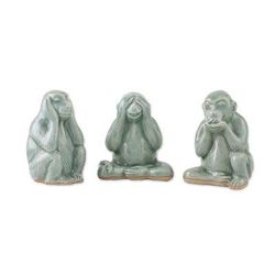 Offering Wisdom,'Celadon Ceramic Wise Monkey Figurines (Set of 3)'
