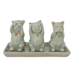 'Cats Shun Evil' (set of 3) - Celadon Ceramic Sculptures