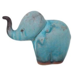 'Turquoise Elephant Child' - Celadon Ceramic Figurine