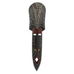 Ogyam,'Ghanaian Sese Wood Mask with Embossed Aluminum Plating'