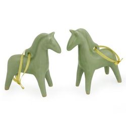 'A Season for Horses' (pair) - Unique Celadon Ceramic Christmas Ornaments