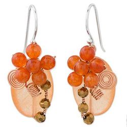 Garden Bliss in Orange,'Orange Quartz and Glass Bead Dangle Earrings with Copper'