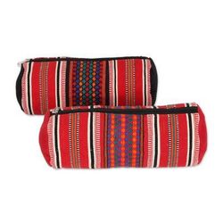 Striped Desire,'Multicolored Striped Cotton Cosmetic Bags from India (Pair)'