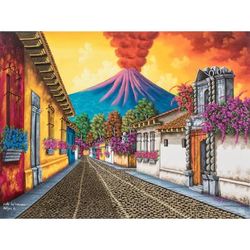 Las Campanas Street,'Signed Stretched Oil Painting of Colorful Street and Volcano'