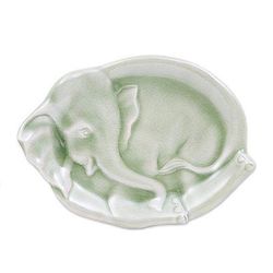 Elephant at Rest in Green,'Handmade Elephant Themed Celadon Ceramic Plate'