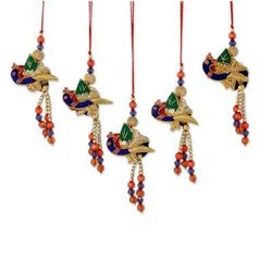 Beaded ornaments, 'Dancing Peacocks' (set of 5)