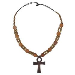 Odofa Me Ko,'Adjustable Sese Wood Beaded Ankh Pendant Necklace'