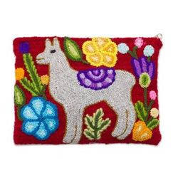 'Llama-Themed Embroidered Wool Clutch in Pearl Grey'