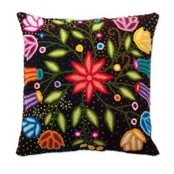 Dark Garden,'Floral Embroidered Wool Cushion Cover from Peru'