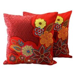 'Red Romance' (pair) - Floral Embroidered Cushion Covers