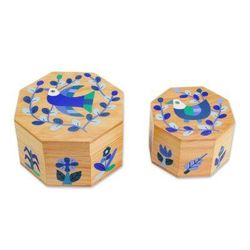 God's Nature in Blue,'Pair of Pinewood Decorative Boxes with Bird Motifs in Blue'