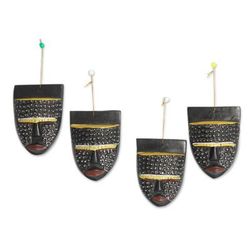 'Set of 4 Aluminum-Accented Sese Wood African Mask Ornaments'