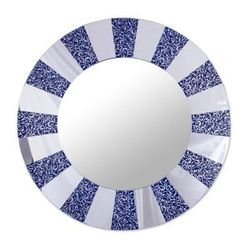 Blue Rays,'Circular Glass Wall Mirror in Blue from Peru'