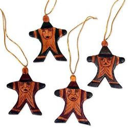 Wood ornaments, 'Happy Santa' (set of 4)