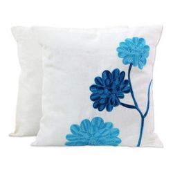 Dahlia Flowers,'Embroidered Floral Cotton Cushion Covers (Pair) India'