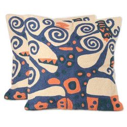 Swirling Tree,'Blue Tree Embroidered Cotton Cushion Covers (Pair)'