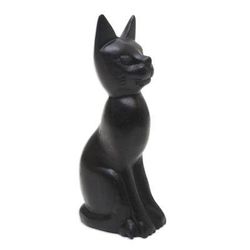 'Black Cat Sculpture Hand-Carved from Jempinis Wood in Bali'