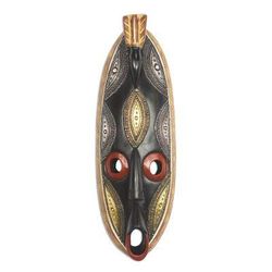 Perched Bird,'African Wood Mask Accented with Aluminum and Brass'