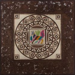 Embroidered amate paper wall art, 'Fauna Sun Mandala'