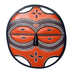 'Circular Orange African Mask Carved by Hand in Ghana'