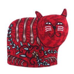'Cat-Shaped Aari Embroidered Wool Tea Cozy in Red from India'