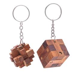 Nails and Squares,'Wooden Puzzle Keyrings from Thailand (Pair)'
