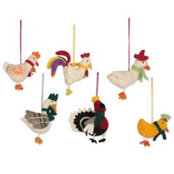 Fine Feathered Friends,'Handcrafted Wool Felt Chicken Geese Ornaments (Set of 6)'