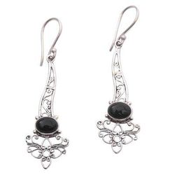 Midnight Garden Breeze,'Onyx Sterling Silver Floral Motif Scrollwork Dangle Earrings'