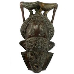 Bird Perch,'Ghana Wood Mask Hand Carved with Birds'