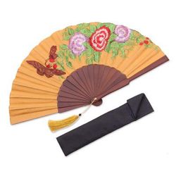 'Butterfly-Themed Embroidered Silk Hand Fan from Bali'