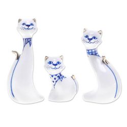 Cat Family,'Set of 3 Porcelain Cat Statuettes with Gilded Accents'
