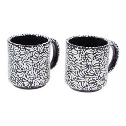 Spring Shadows,'Pair of Floral Talavera Ceramic Mugs in Black from Mexico'