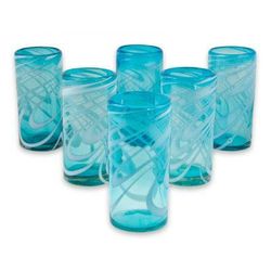 Blown glass highball glasses, 'Whirling Aquamarine' (set of 6)