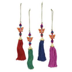 Butterfly Fantasy,'Wood Butterfly and Tassel Holiday Ornaments (Set of 4)'