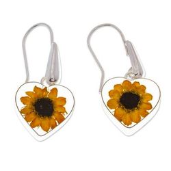 'Heart-Shaped Natural Sunflower Dangle Earrings from Mexico'