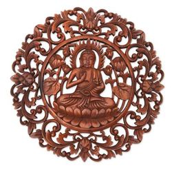 Vitarka Sage,'Brown Suar Wood Leafy Relief Panel of Sage Buddha'