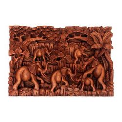 Elephant Life,'Elephant-Themed Cempaka Wood Relief Panel from Bali'