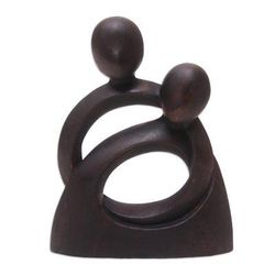 'Hand-Carved Romantic Suar Wood Sculpture of Couple Hugging'
