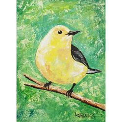 Warbler,'Acrylic Impressionist Bird Painting in Yellow and Green Hues'