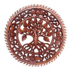 Tranquility Tree,'Hand Carved Tree Motif Wood Wall Relief Panel from Bali'