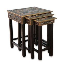 Bird of Paradise,'Artisan Crafted Tooled Leather Wood Side Table (Set of 3)'
