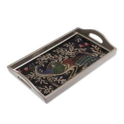 'Reverse-Painted Glass Peacock Tray in Silver (12 in.)'