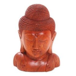 Divine Buddha,'Hand Crafted Balinese Suar Wood Buddha Head Statuette'