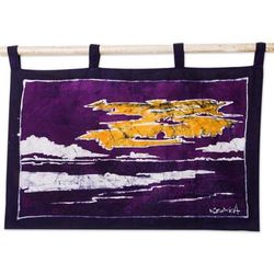 Sunset Beach I,'Handcrafted Sunset Cotton Wall Hanging in Purple Hues'