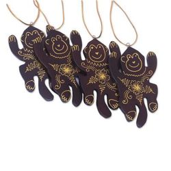 Happy Monkeys,'Set of 4 Mahogany Wood Hand-Painted Monkey Ornaments'
